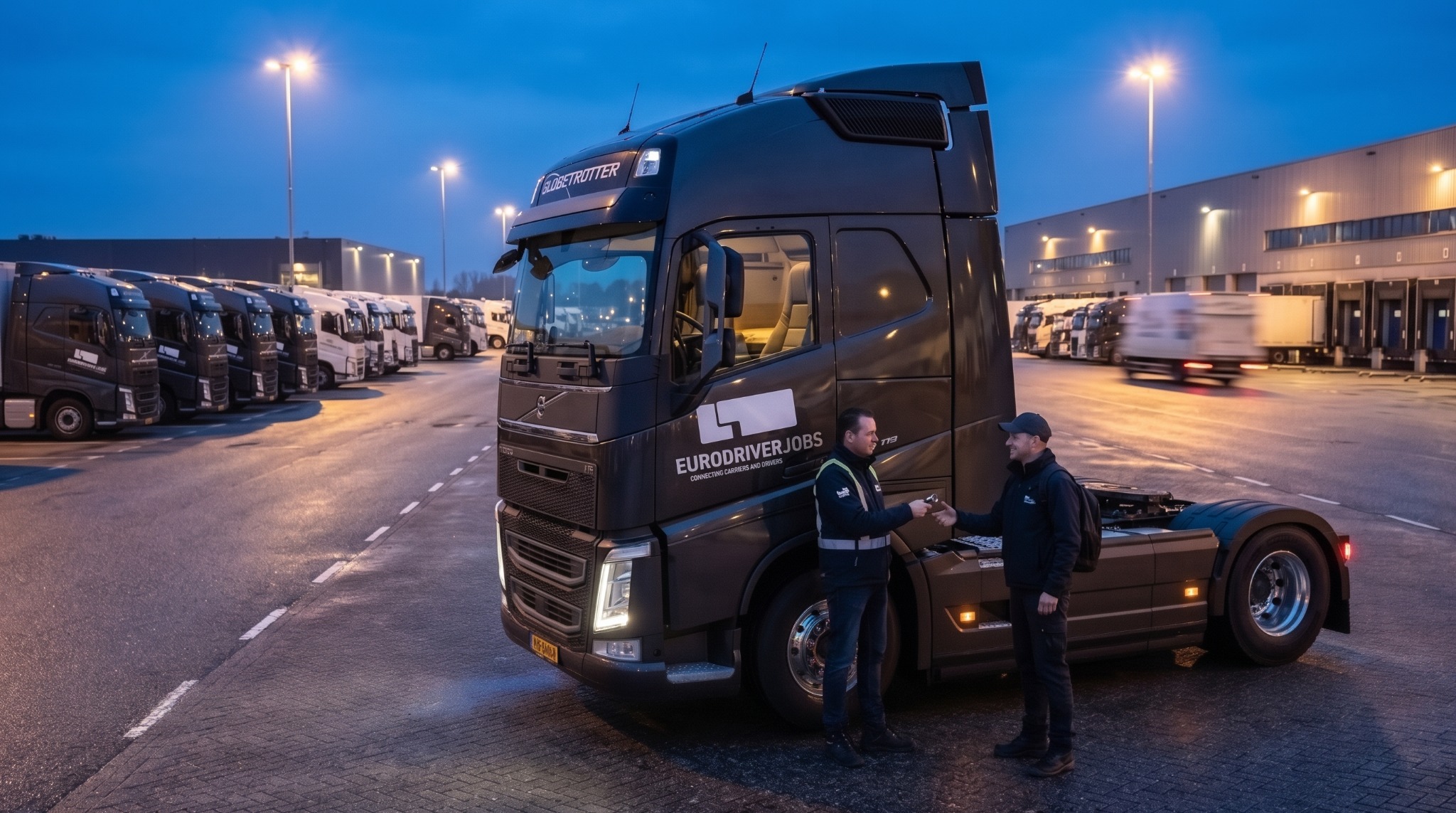 Illustration einer Schlüsselübergabe an einen Fahrer neben einem Eurodriverjobs-Lkw auf einem Transportgelände in der Abenddämmerung